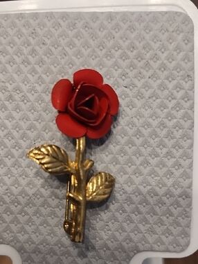 Red Rose Brooch with Gold Stem